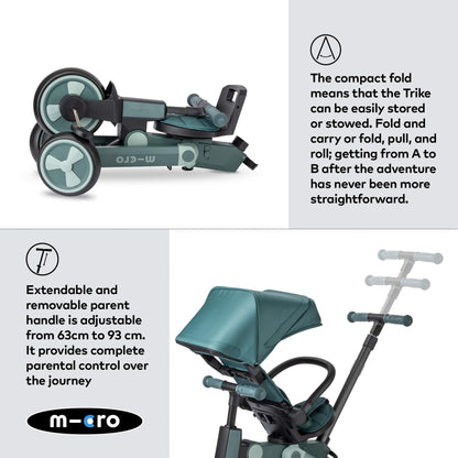 FlexiTrike foldable toddler tricycle in matcha green with parent handle and 360-degree rotation for children 6+ months.