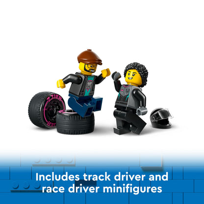 LEGO City race car and car carrier truck set with adjustable ramp, featuring racer and driver minifigures for kids.