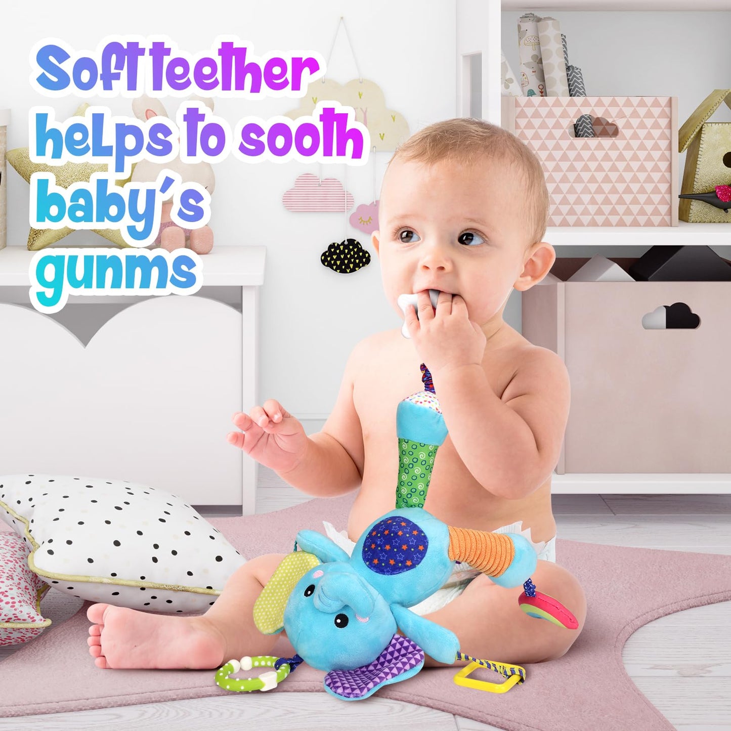 Venditer baby pram toy with plush sensory rattle, clip-on for car seat or stroller, suitable for newborns 0-6 months.