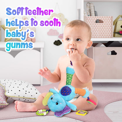 Venditer baby pram toy with plush sensory rattle, clip-on for car seat or stroller, suitable for newborns 0-6 months.