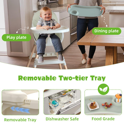 Sweetmirth 4-in-1 baby high chair in green with adjustable height, removable tray, ergonomic design, suitable for ages 6 months to 5 years.