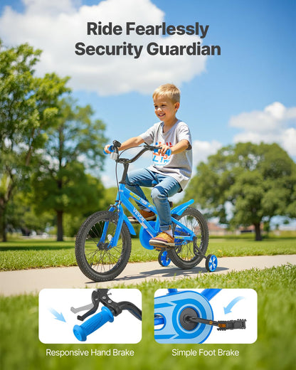VEVOR Kids Bike, 35.56 cm BMX Style Children Bicycle, Rider Height 90 cm - 115 cm, Training Wheels Included, Sturdy and Easy to Assemble, Toddler Bike for Boys & Girls Learning to Ride, Blue