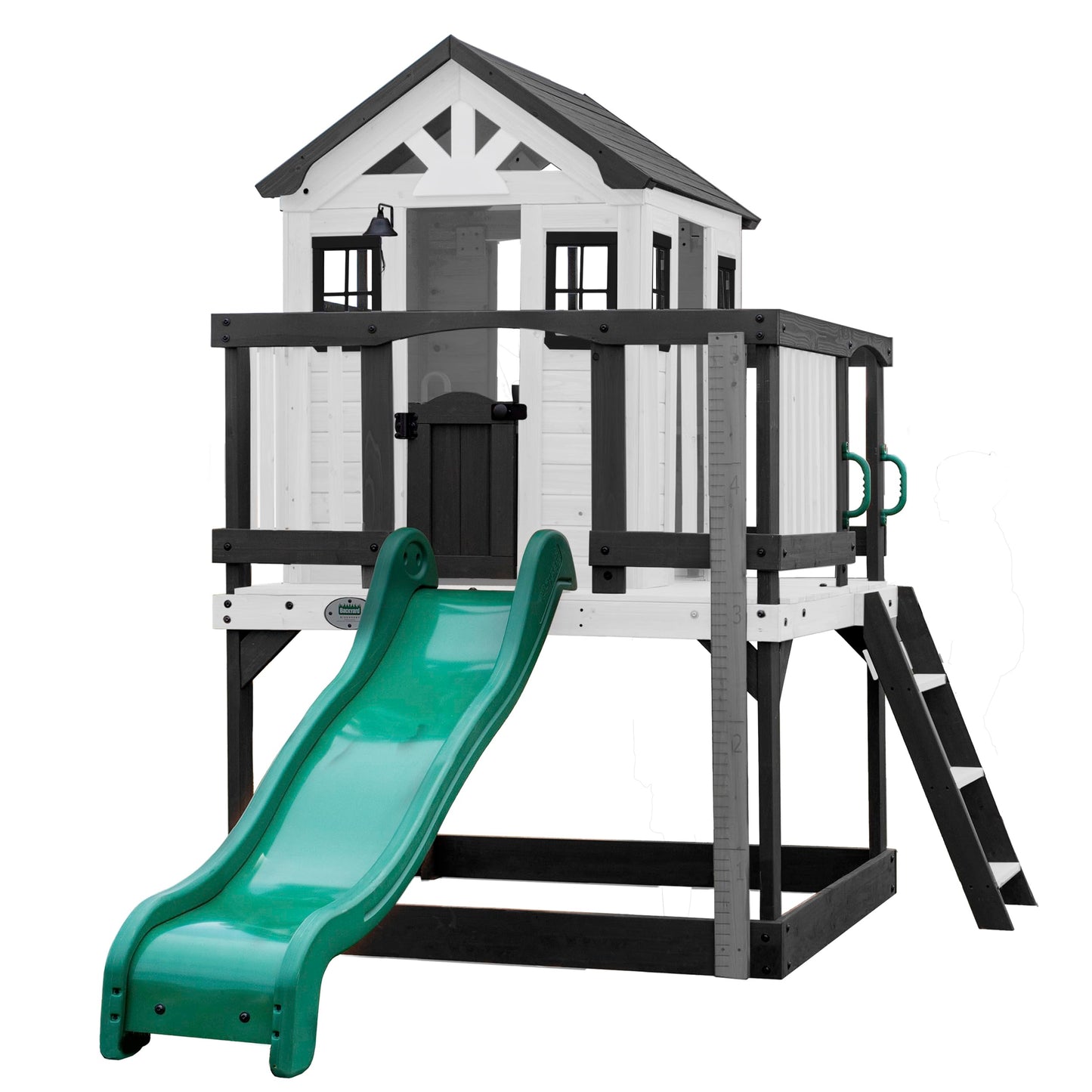 Backyard Discovery Sweetwater Heights cedar wood kids' playhouse with wave slide, toy kitchen, and growth chart in a backyard setting