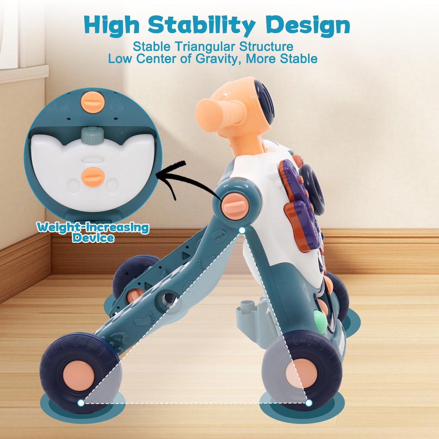 Blue Forroby 3-in-1 baby walker with music, activity panel, and adjustable speed for toddlers sitting or standing.