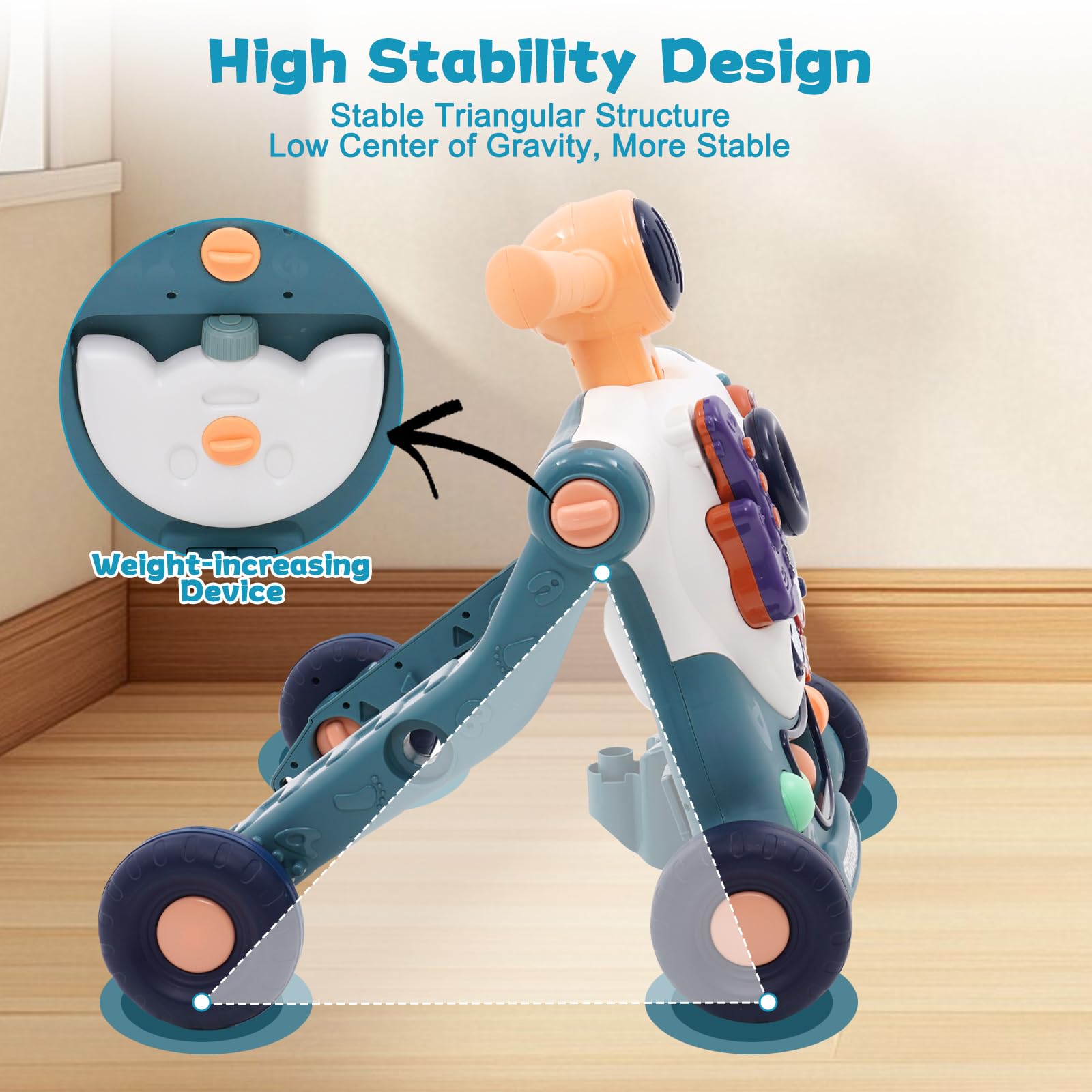 Blue Forroby 3-in-1 baby walker with music, activity panel, and adjustable speed for toddlers sitting or standing.
