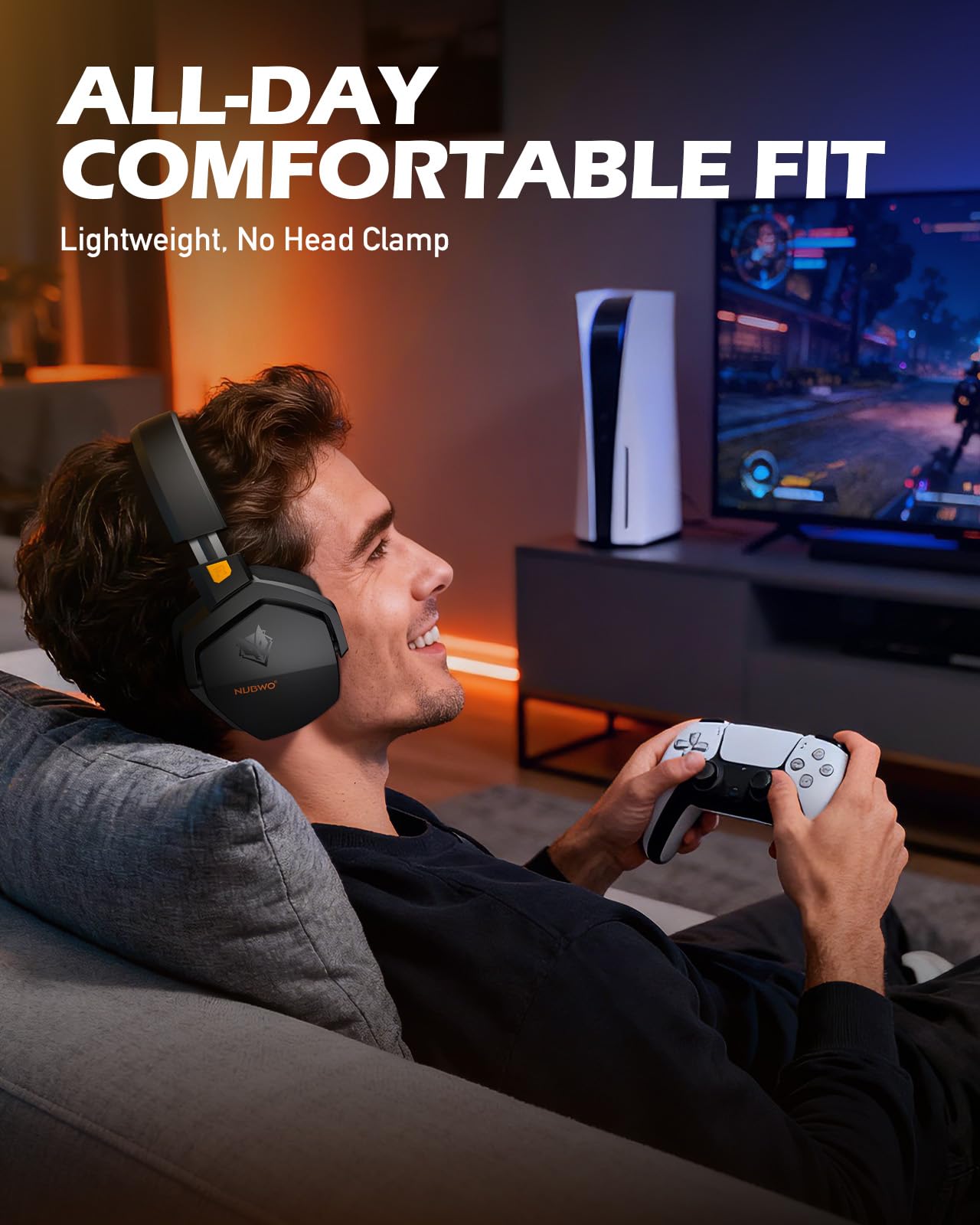 NUBWO wireless gaming headset with mic in orange, designed for PS5, PS4, and PC, featuring 100-hour battery and all-device compatibility.