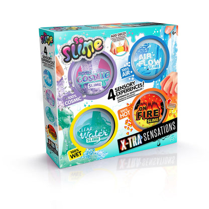 Canal Toys So Slime Xtra Sensations slime kit with cosmic, clear water, air flow, and fire slimes, decorated with storage pots for kids.