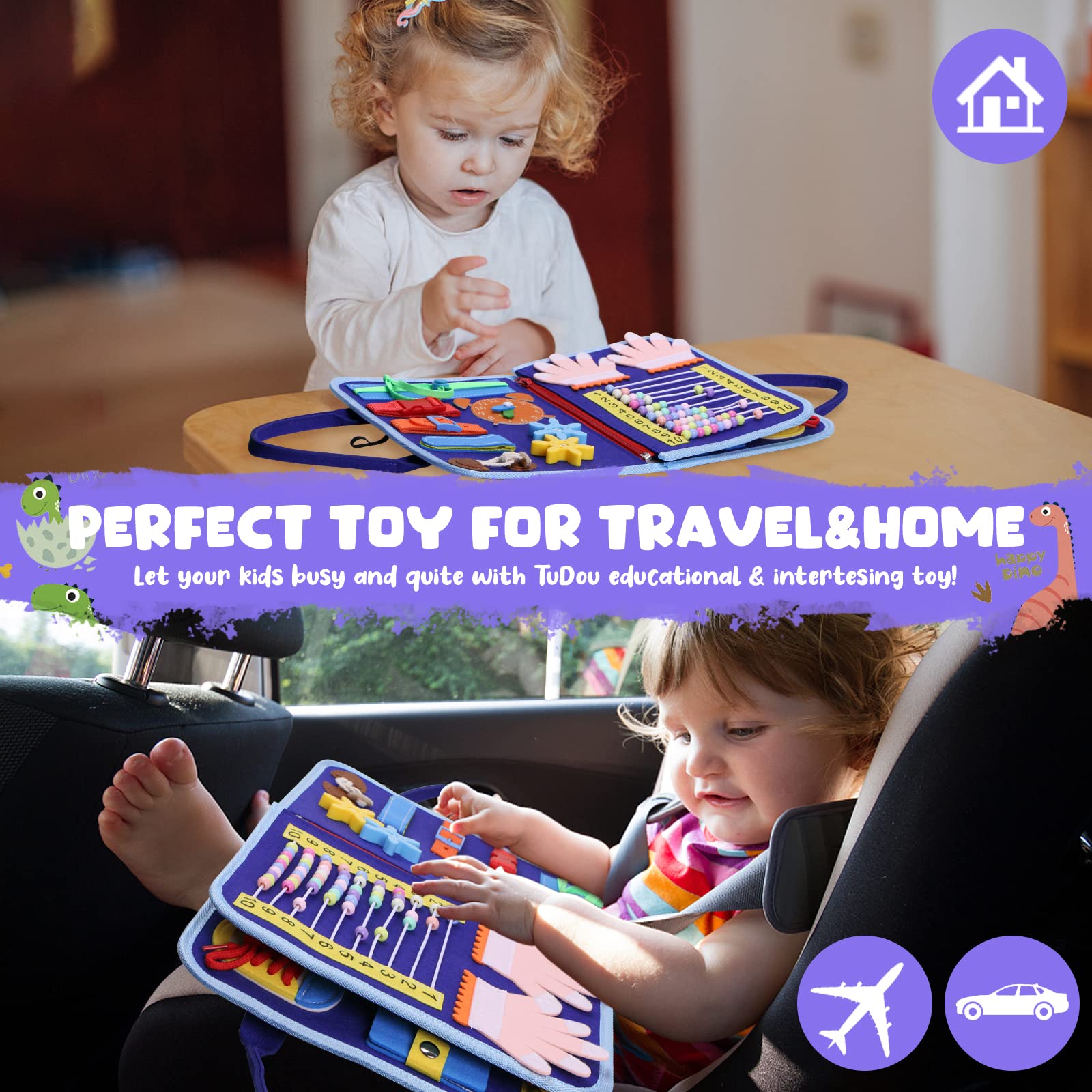 TuDou toddler busy board with colorful sensory activities, Montessori-style educational toy for fine motor skills and travel fun for kids.