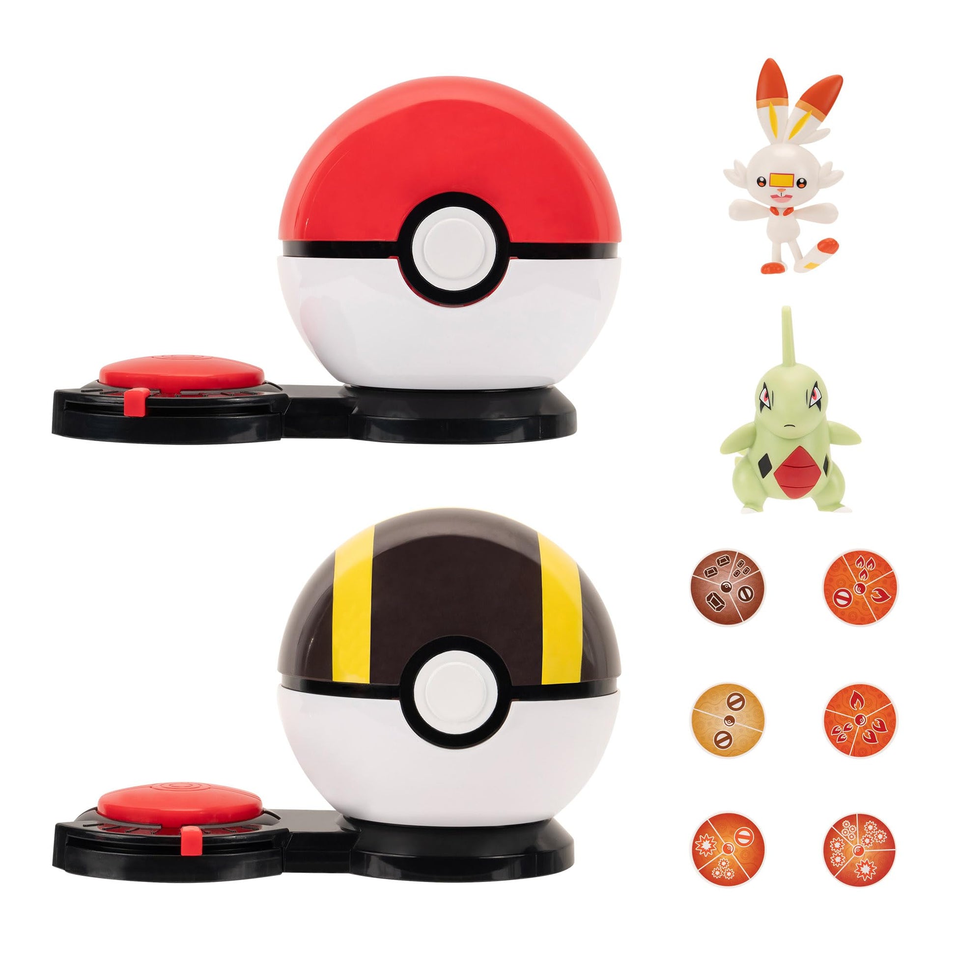 Pokémon Surprise Attack Game featuring 2-inch Larvitar and Scorbunny with Poké Ball, Ultra Ball, and 6 attack discs.