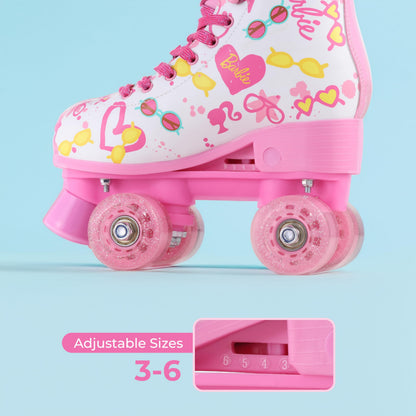 VOYAGER Barbie girls' roller skates with glitter wheels, adjustable sizes 12-2, durable PVC, foam lining, ideal for active fun.