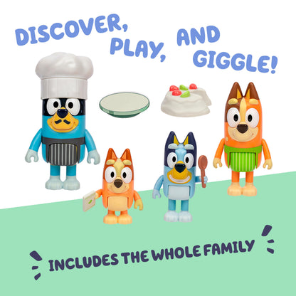 Bluey It's Time For Pavlova With This Pavlova 4 Pack, Includes, Bingo, Bandit In His Chef Hat and Chilli and 2 Accessories, Four 6-7.6 CM Articulated Figures