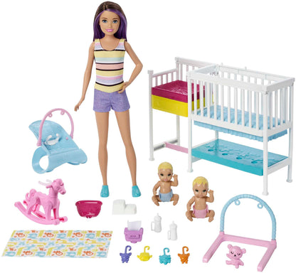 Barbie Nursery Playset with Skipper doll, two baby dolls, crib, and themed toys for imaginative play.