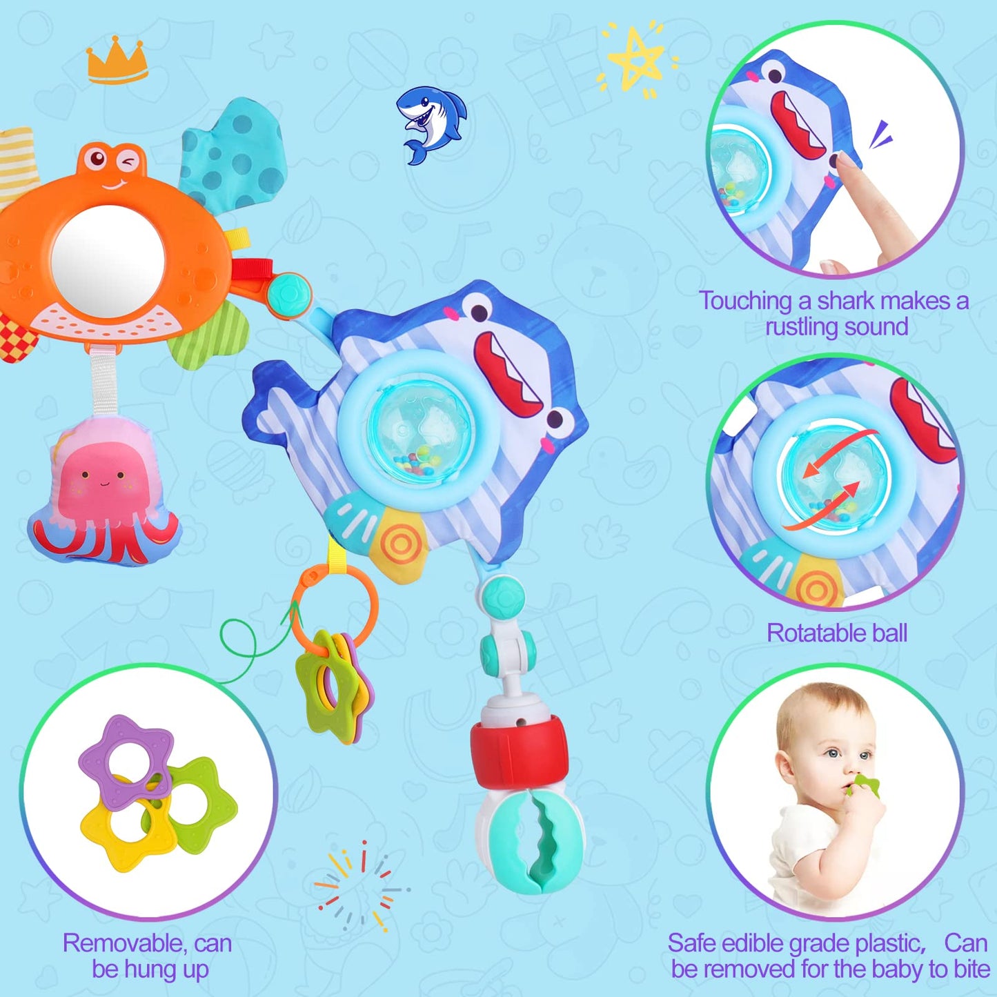 Yusvwkj ocean-themed baby mobile with pram toys clip-on cot activity bar, sensory toys for newborns and toddlers in crib or stroller