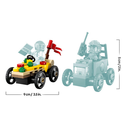 LEGO City pizza and fire truck race car toy set with two minifigures for kids ages 5 and up.