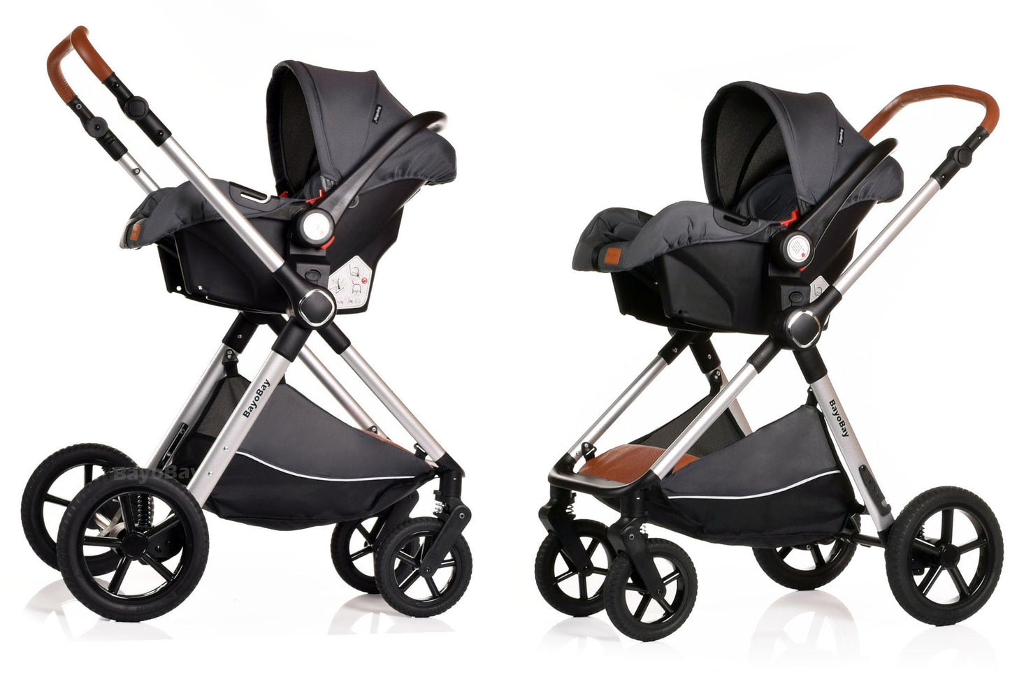 BayoBay 3-in-1 baby buggy pram and stroller with car seat and carrycot, lightweight, foldable travel system in grey silver for newborns