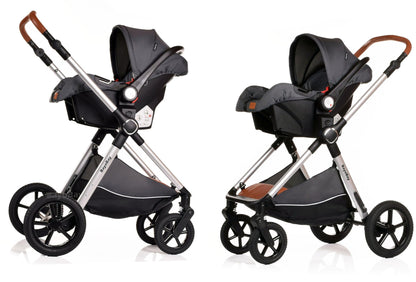 BayoBay 3-in-1 baby buggy pram and stroller with car seat and carrycot, lightweight, foldable travel system in grey silver for newborns