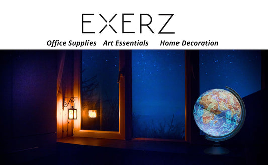 Exerz 21cm illuminated globe featuring physical map with constellation stars, light-up feature, and swivel rotating design.