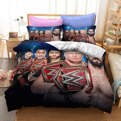 NICHIYOBI World Wrestling Entertainment (WWE) Bed Linen Set with Duvet Cover and Pillowcase, Microfibre, 3D Digital Print, 3-Piece Bedding Set (14, Single, 135 x 200 cm)