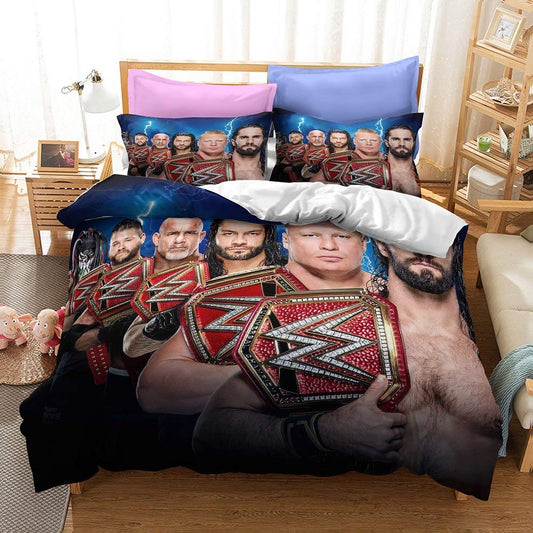 NICHIYOBI World Wrestling Entertainment (WWE) Bed Linen Set with Duvet Cover and Pillowcase, Microfibre, 3D Digital Print, 3-Piece Bedding Set (14, Single, 135 x 200 cm)