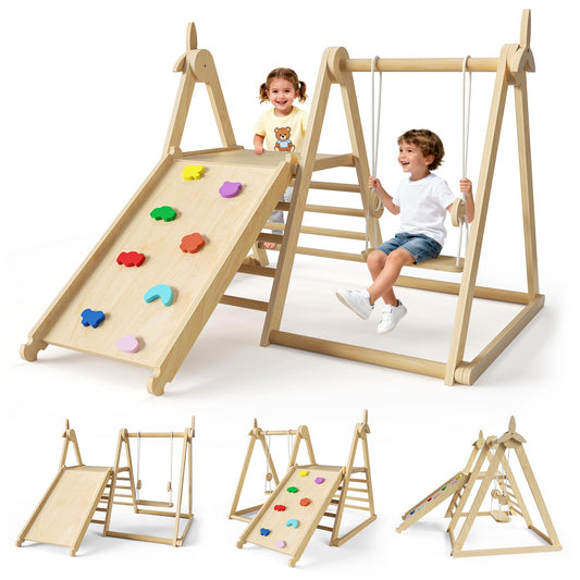 5 in 1 Indoor Jungle Gym,Foldable Wooden Climbing Set with Swing, Slide, Ladder and Climbing Wall,Montessori Philosophy Climber Playset for Kids