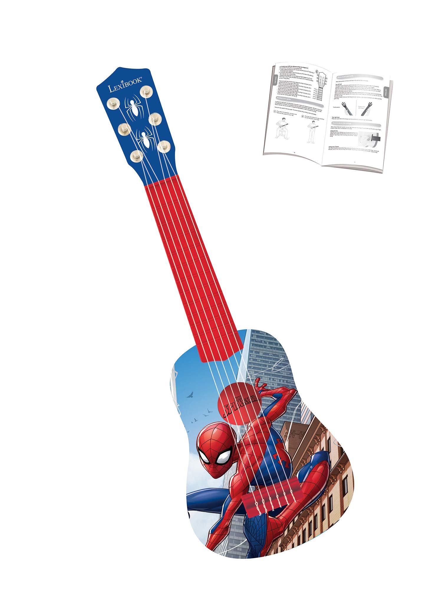 Lexibook Spider-Man children's guitar with 6 nylon strings, blue and red, 21-inch size, includes guide, suitable for beginners