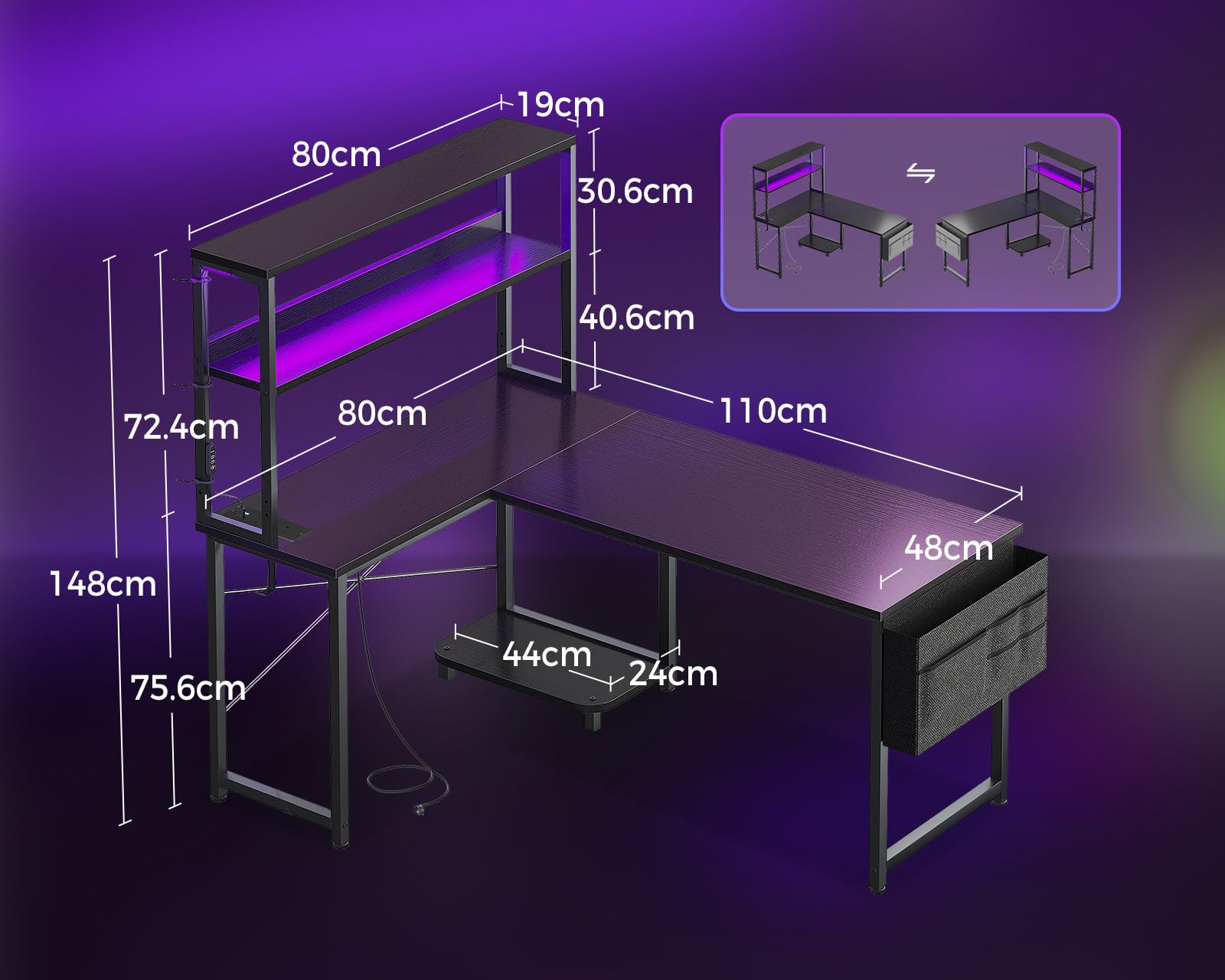 Black Coleshome L-shaped gaming desk with LED lights, power outlet, shelves, storage bag, and hook for home office setup.