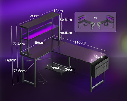 Black Coleshome L-shaped gaming desk with LED lights, power outlet, shelves, storage bag, and hook for home office setup.