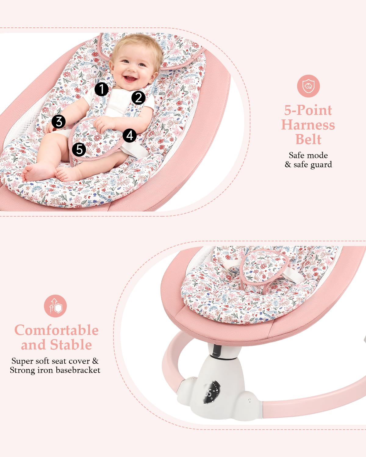 Uuoeebb portable electric baby bouncer with floral pattern, 5 swing speeds, lullabies, 5-point harness, remote, and touch panel for indoor outdoor use