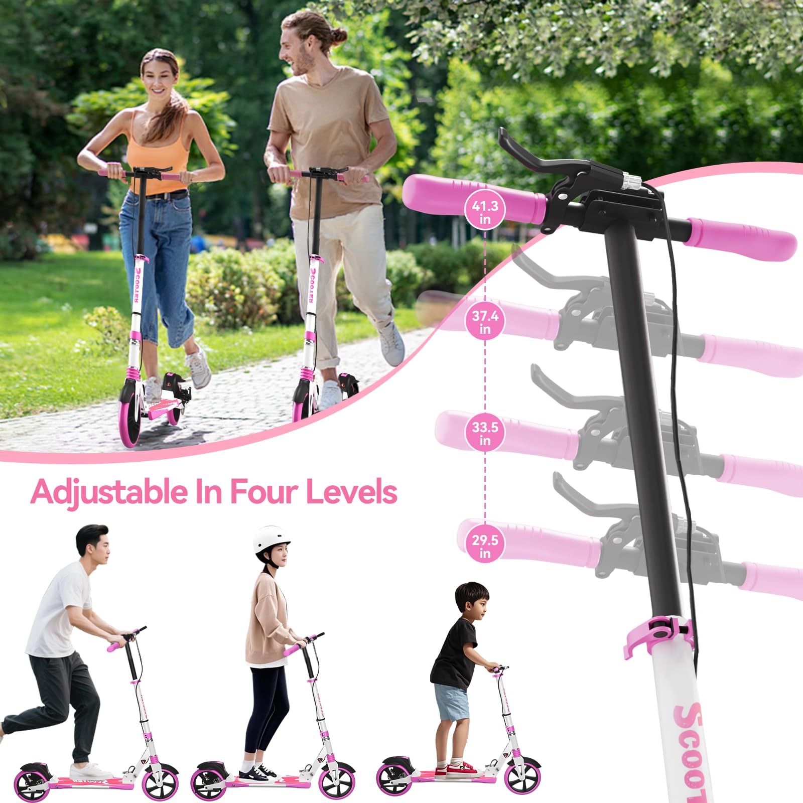 MEE GOO foldable scooter in pink, featuring disc brake, dual shock absorbers, and 200mm PU wheels for teens and adults.