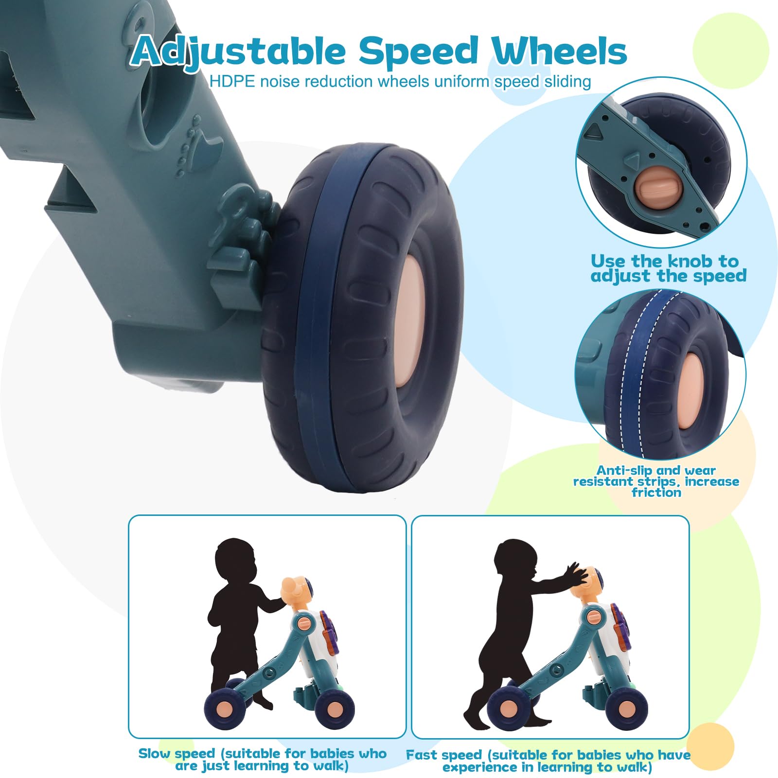 Forroby 3-in-1 baby walker in blue with music, activity panel, and adjustable speed for toddlers learning to walk.