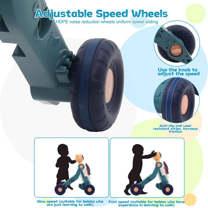 Forroby 3-in-1 baby walker in blue with music, activity panel, and adjustable speed for toddlers learning to walk.