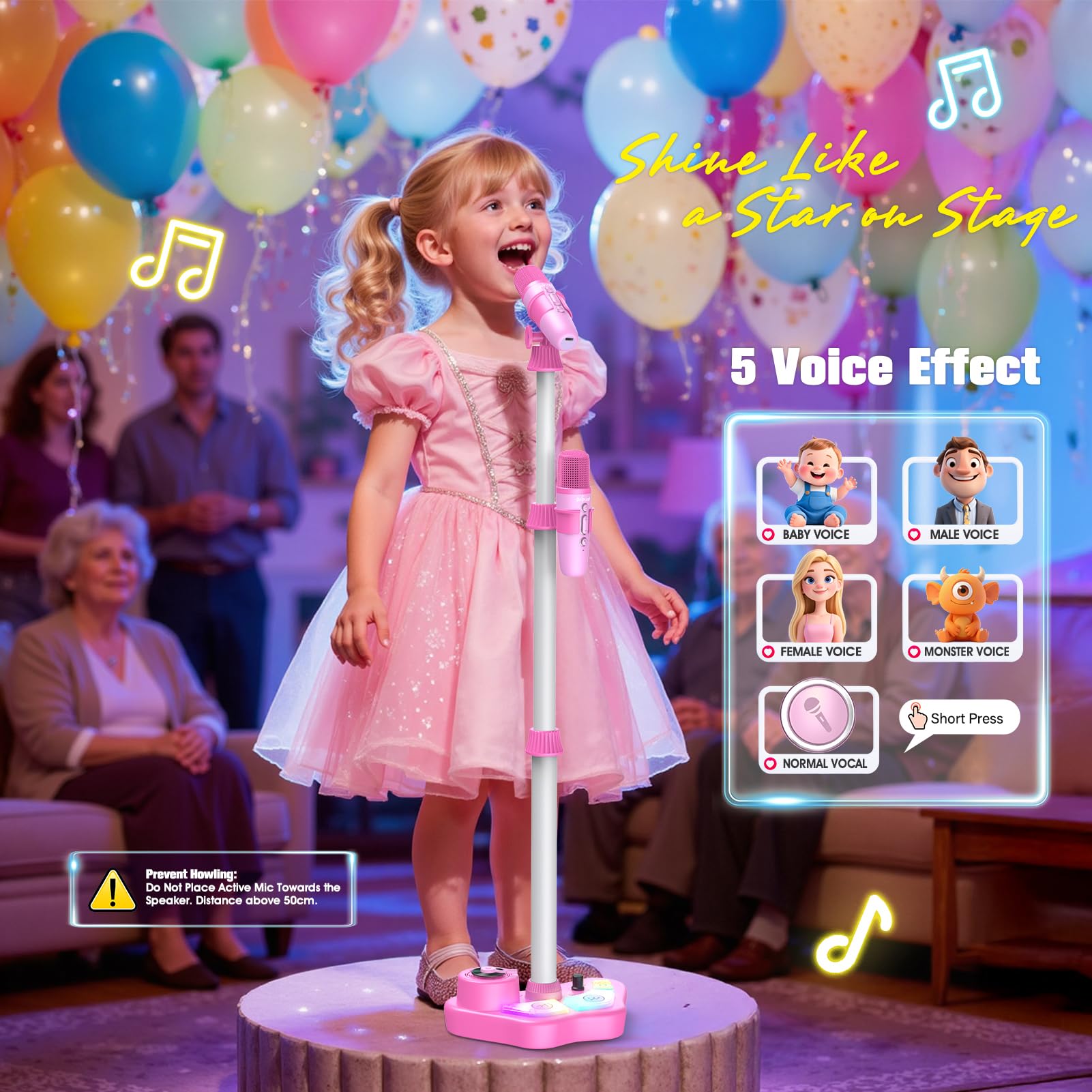 Dislocati Kids Karaoke Machine with 2 microphones, LED lights, Bluetooth speaker, and stand, suitable for girls aged 3 to 10.