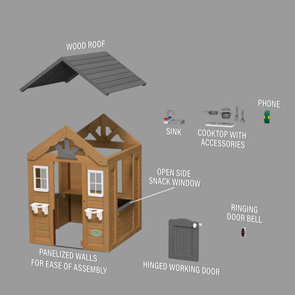 Backyard Discovery cedar wood children's playhouse with play kitchen, snack bar window, and half door in a backyard setting