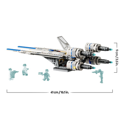 LEGO Star Wars 75399 Rebel U-Wing Starfighter with swing-wing, Cassian Andor, K-2SO minifigures, and detailed design.
