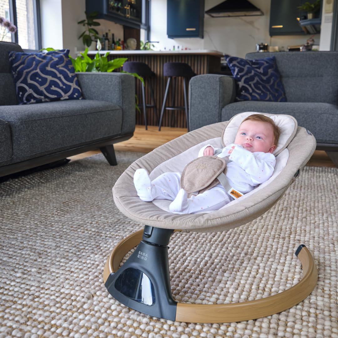 Baba Bing beige electric baby swing chair with Bluetooth, digital display, lightweight design, and five swinging options for infants.