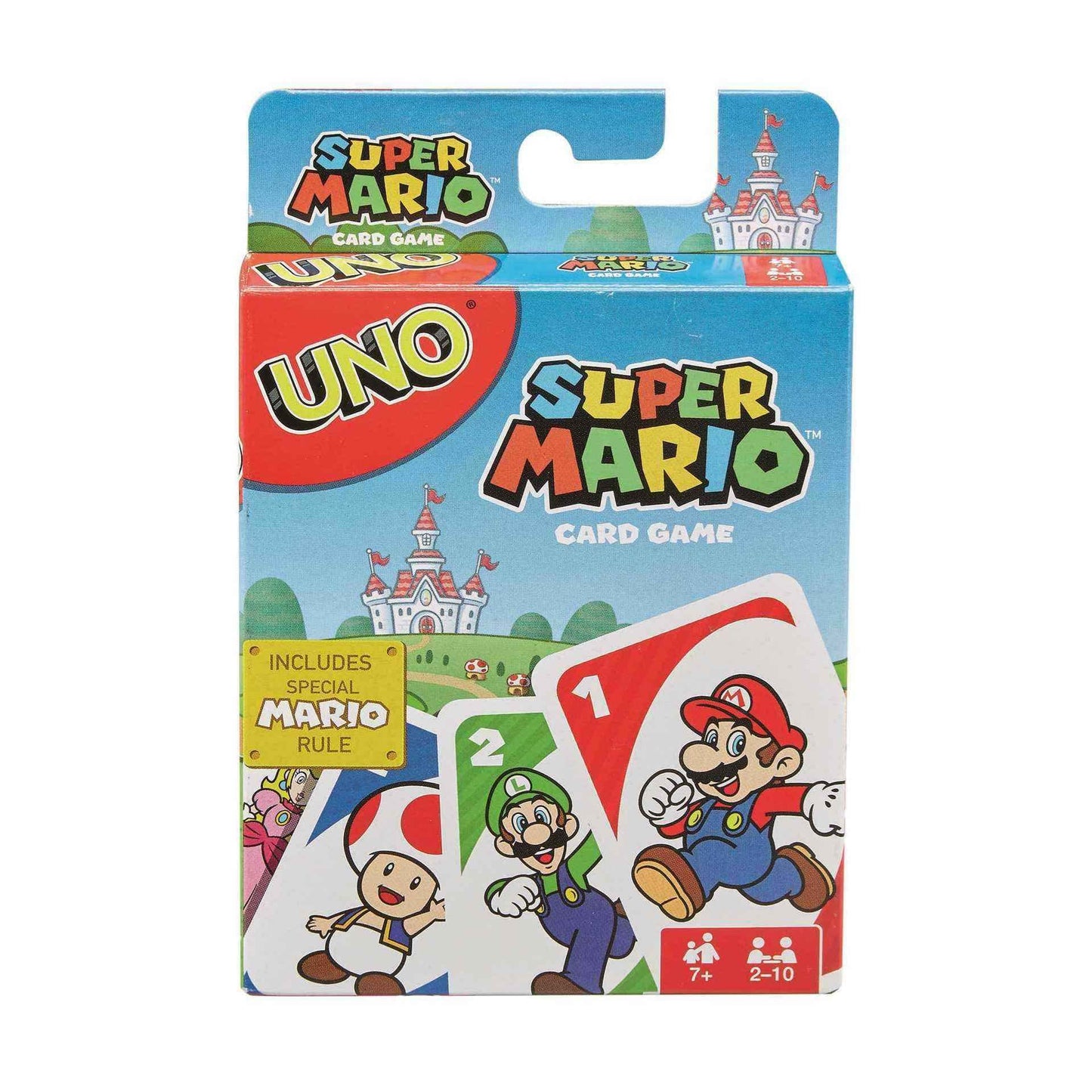 Fisher-Price UNO Super Mario card game deck featuring animated character images, 112 collector cards for kids ages 7 and up.