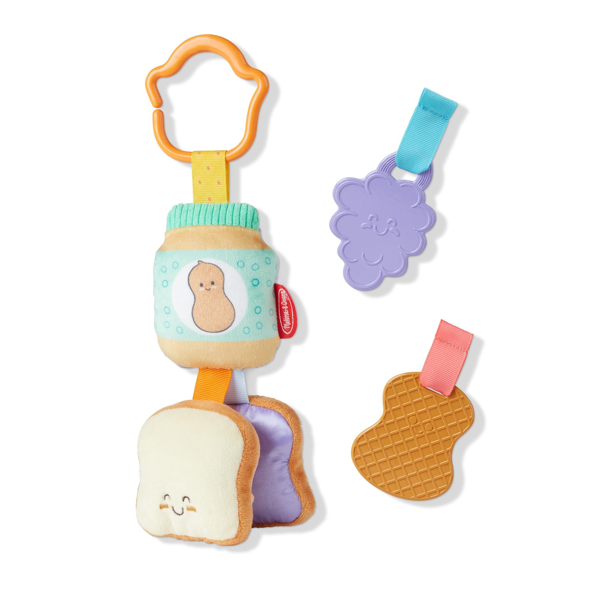 Melissa & Doug multi-sensory PB&J take-along clip-on baby toy with colorful fruit shapes for infants and toddlers.
