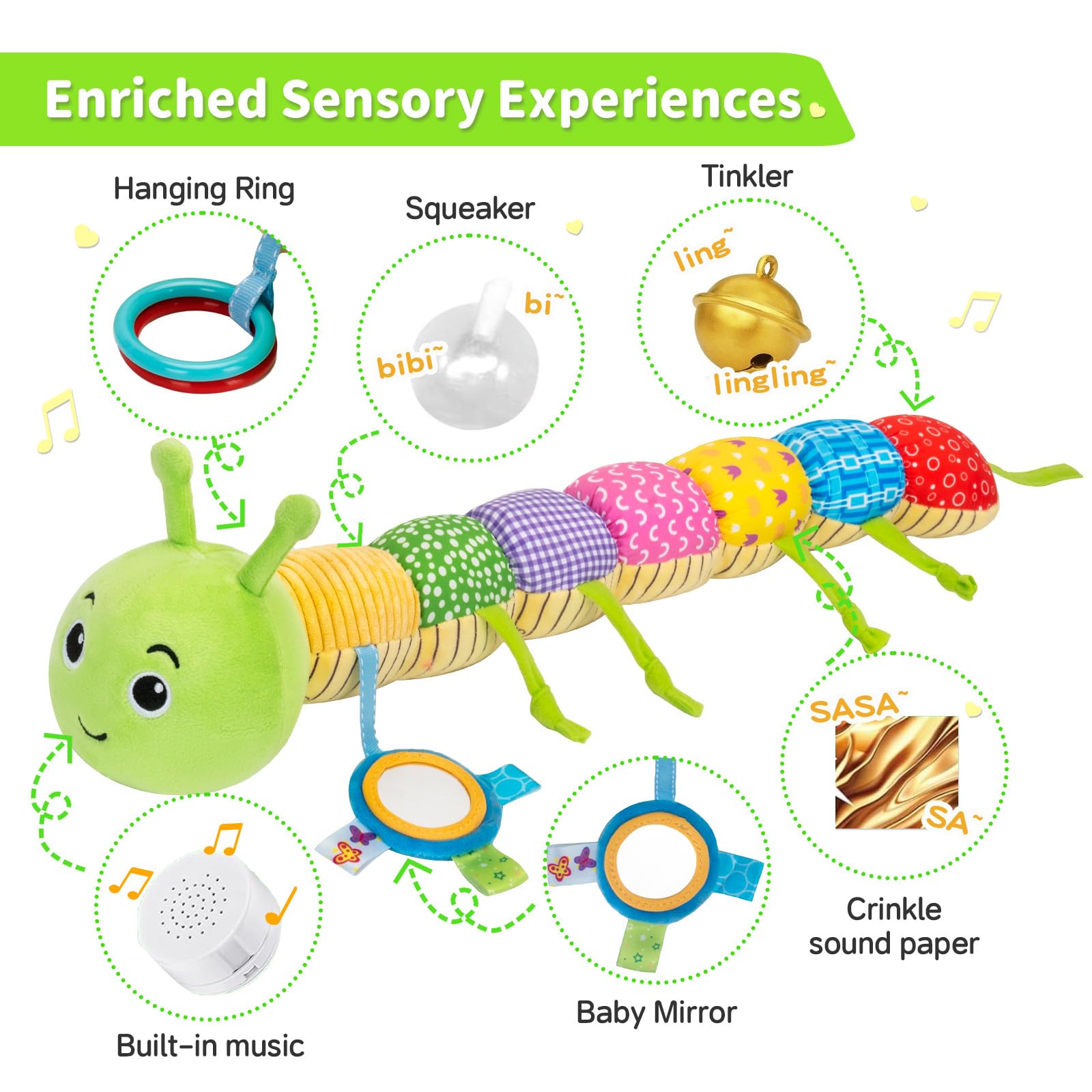 Accevo baby sensory toy set with plush musical animals, crinkle caterpillar, baby mirror, and rattles for infants 0-12 months.