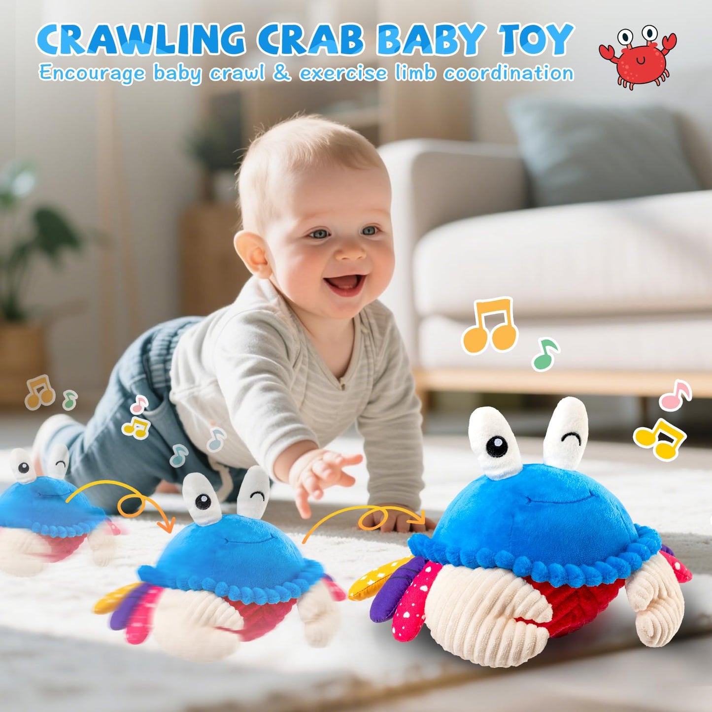 SAIMAND Dancing Crab Baby Toys 6-12 Months, Musical Crawling Crab with Music, Record & Replay, Montessori Sensory Plush Tummy Time Toys for 1 2 3 Year Old Boys and Girls Gifts (Blue)