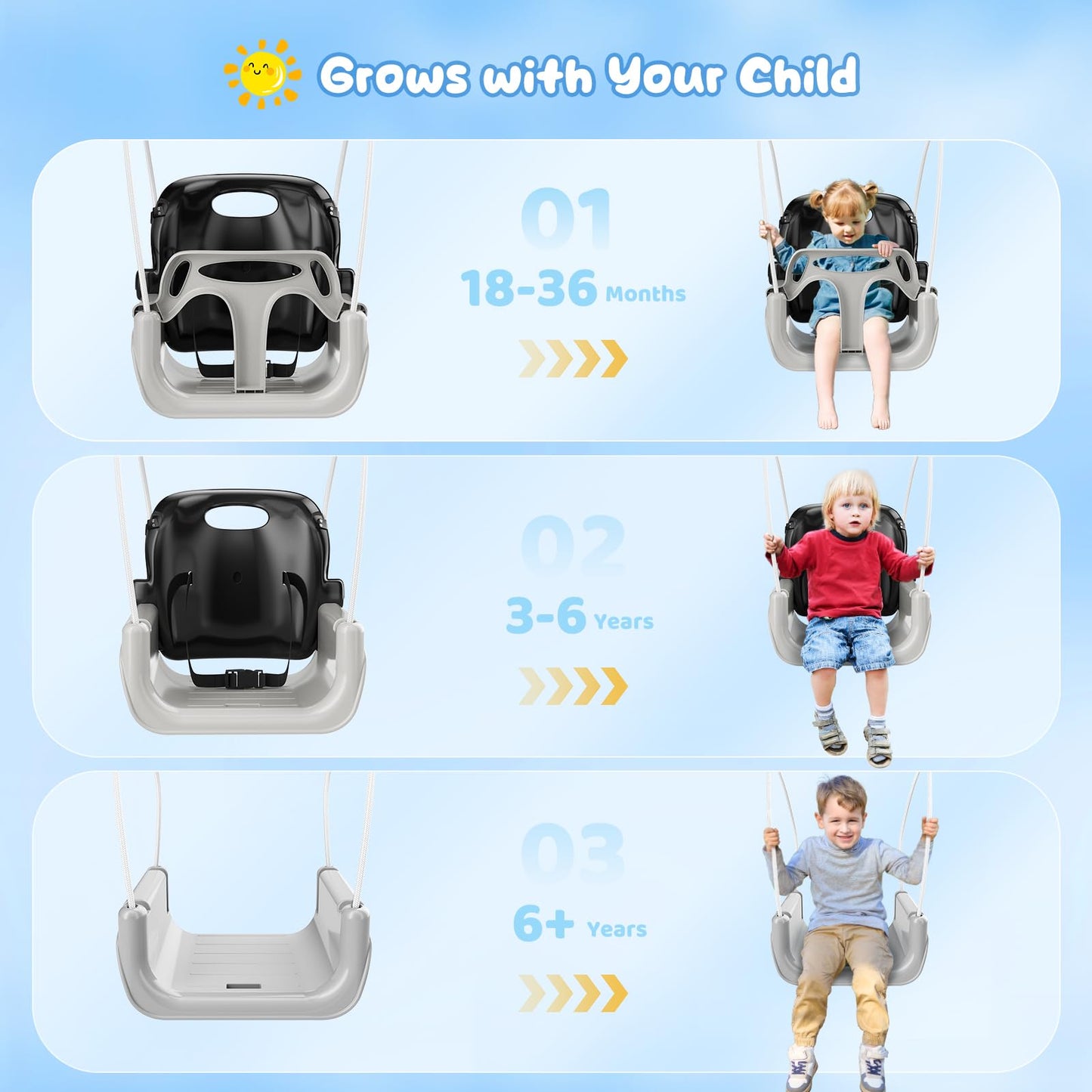 4 in 1 Toddler Swing Set, Kids Swing with Folding Metal Frame Stand, Safety Belt, for Baby In & Outdoor, Garden Playground Set, Swing Sets for backyard (Black)