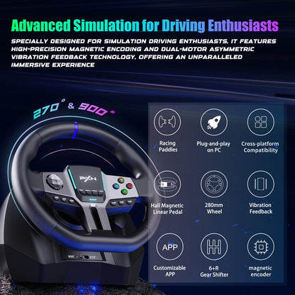 PXN V9 Gen2 Gaming Steering Wheel with Pedals and Shifter - 270°|900° Racing Wheel, Vibration Feedback, Hall Effect Pedal, Paddle Shifters, Tools APP - Steering Wheel for PC, PS3, PS4, Xbox