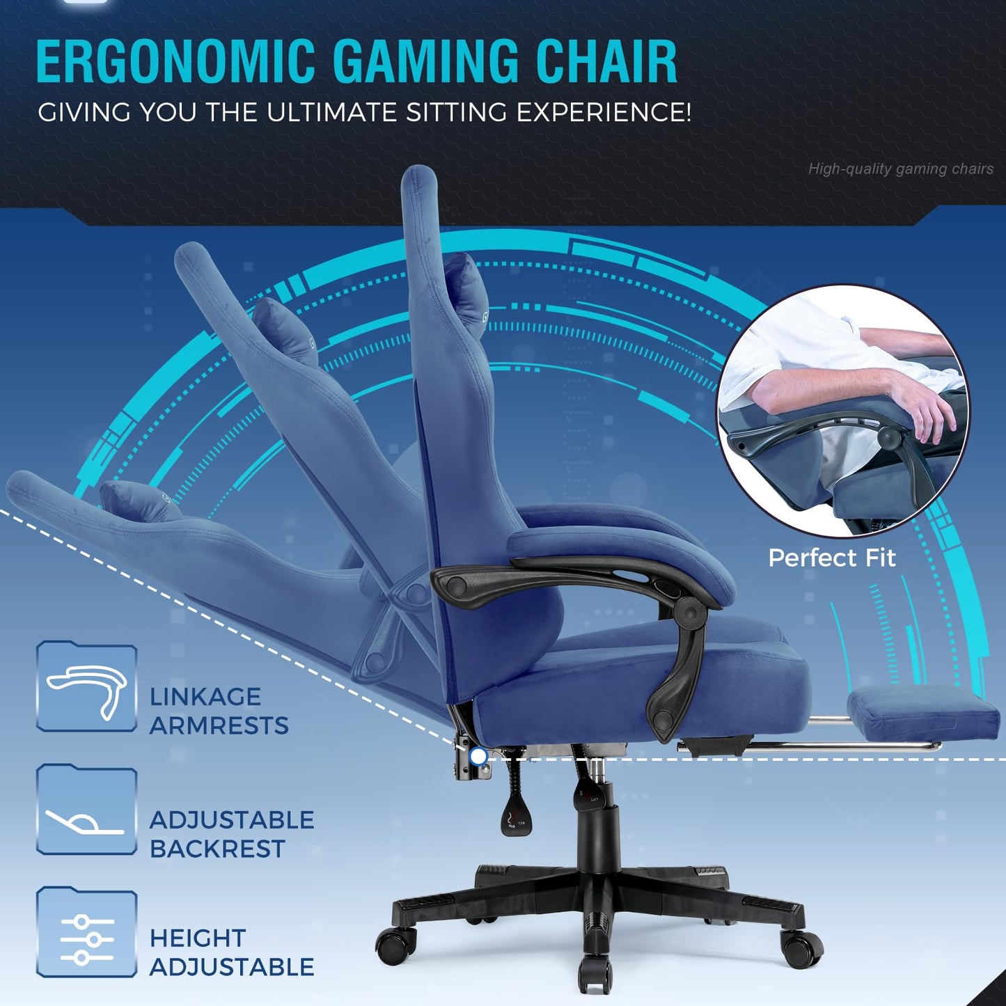 GTPLAYER gaming chair with breathable fabric, ergonomic design, blue color, adjustable backrest and extendable footrest.