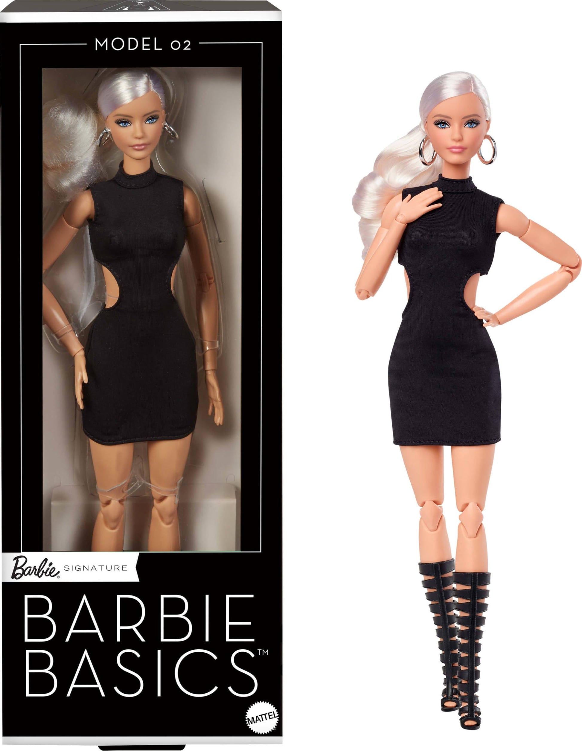 Barbie Mattel Basics Model 02 collector doll with blonde hair, black mini dress, gladiator boots, and posable body.