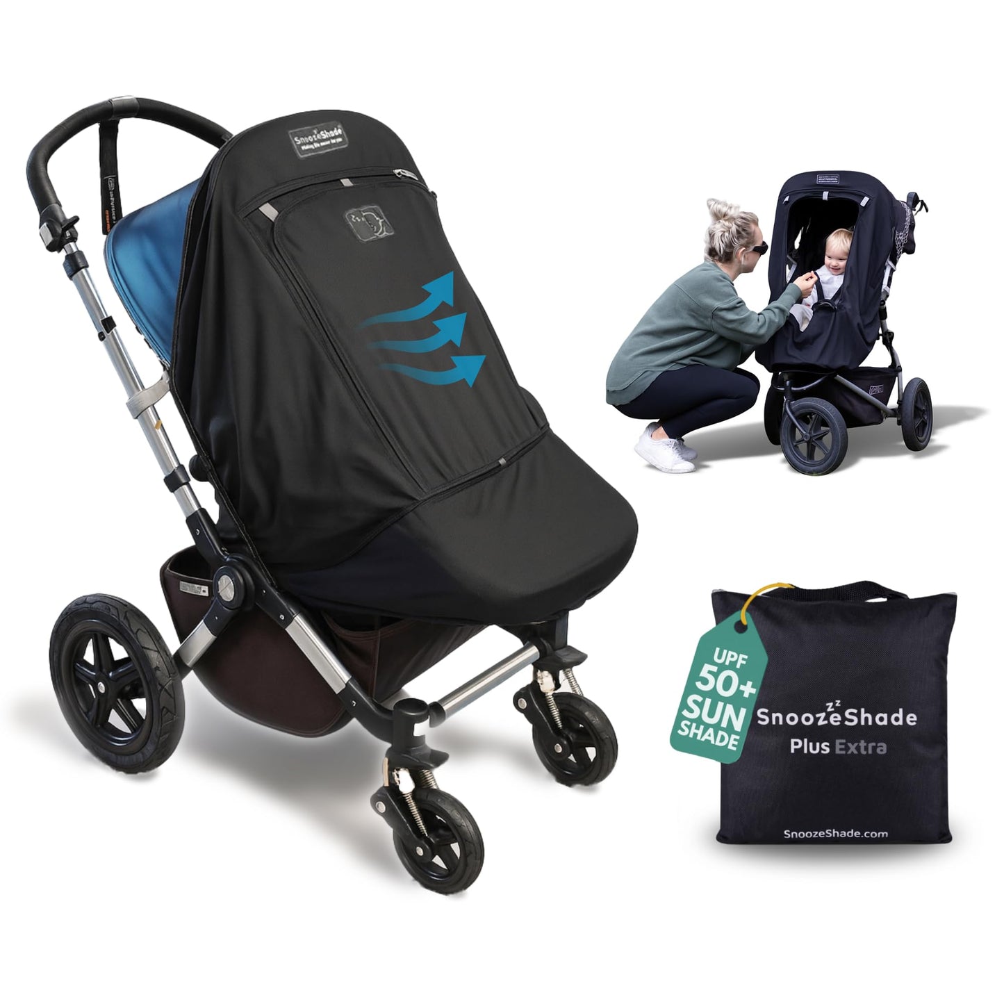 SnoozeShade Plus extra pram sun shade cover blocking 99% UV, breathable blackout canopy on stroller with baby sleeping inside.