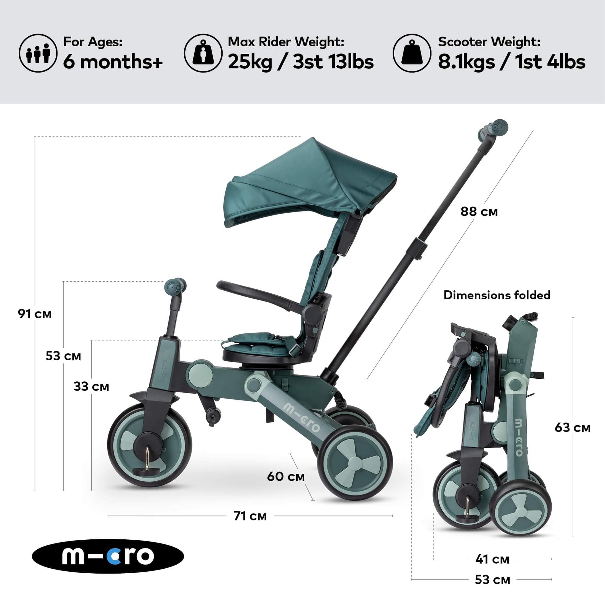 Micro FlexiTrike foldable toddler tricycle in matcha green with parent handle and 360-degree rotation, suitable for 6+ months.