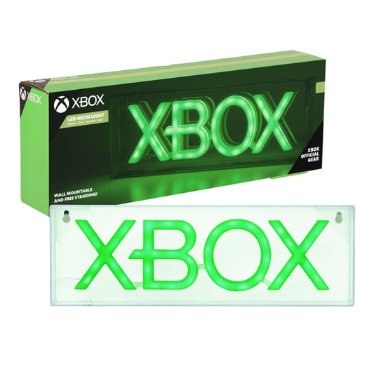 Green Xbox logo LED neon light by Paladone, free-standing or wall mountable sign for gaming room decor and gamer accessories.