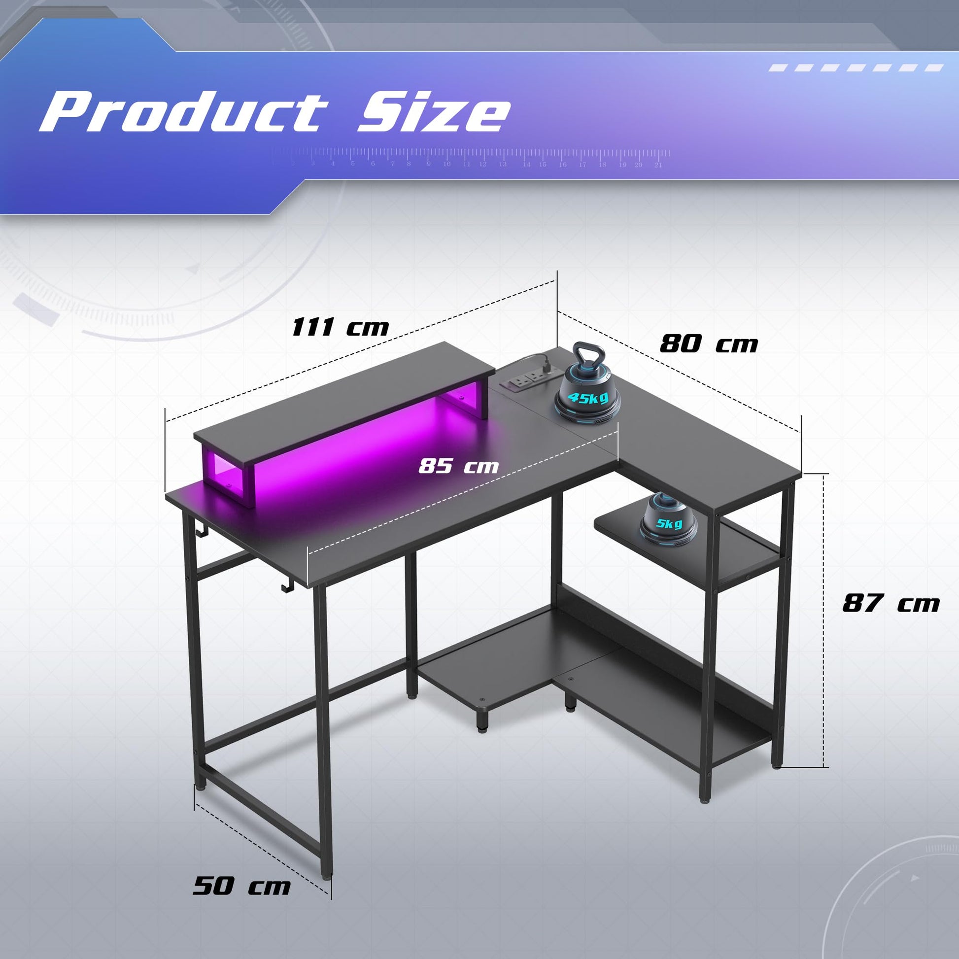 DEVAISE L-shaped gaming desk with RGB LED lights, monitor stand, hook, and storage shelf in black, ideal for home office or small spaces.