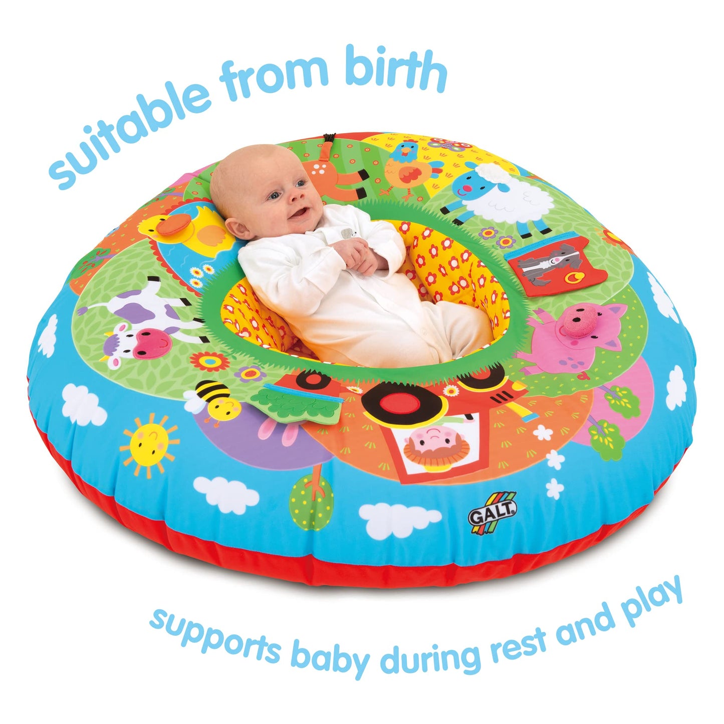 Galt Playnest, Farm - Baby Sit Me Up with Inflatable Ring, Head and Neck Support, 8 Sensory Activities,100cm Diameter and Machine Washable Cover - Easy Travel, Suitable from Birth - Ages 0 Months Plus