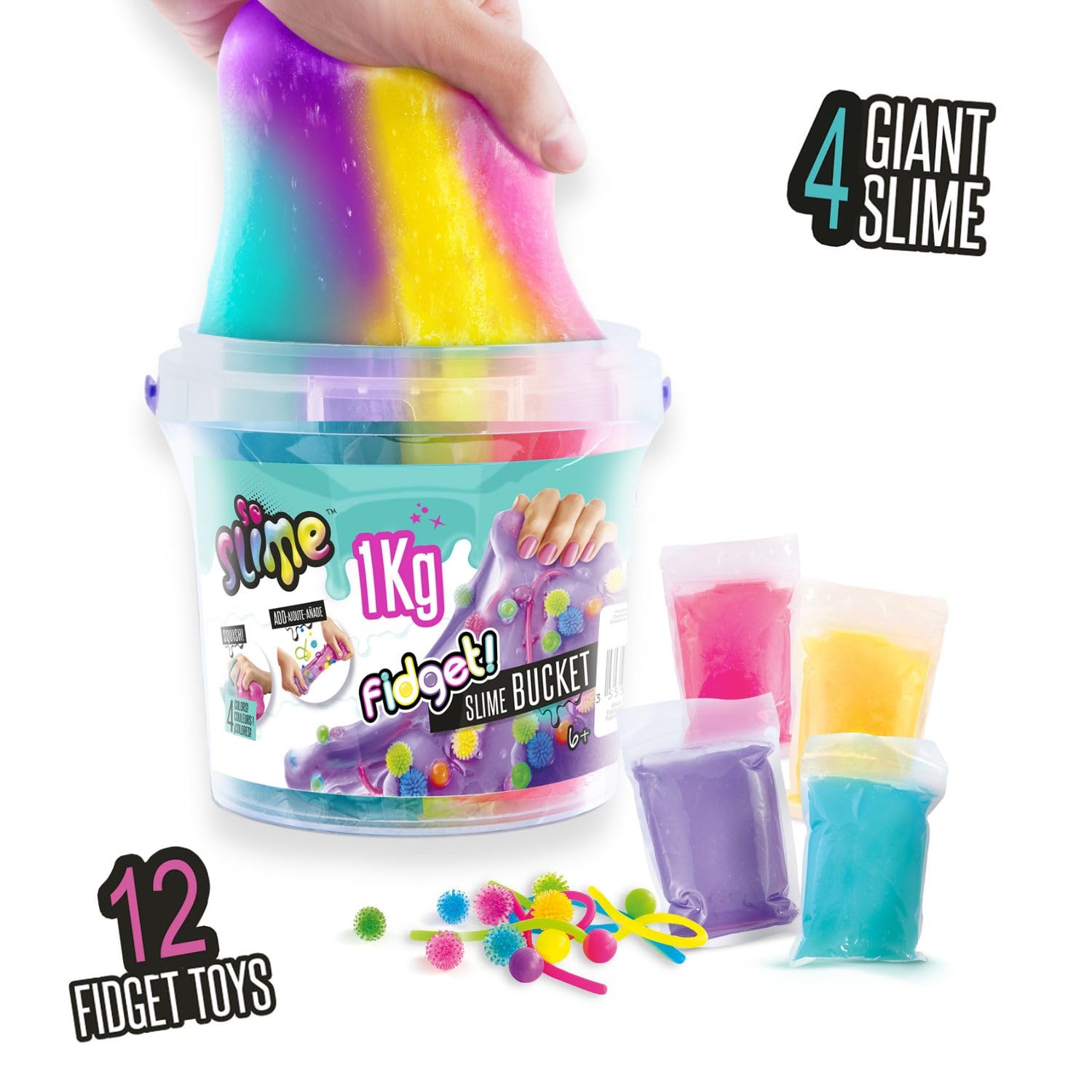 Colorful 1kg So Slime bucket with multicolored fidget slime and accessories in a transparent container, perfect for kids' creative play.