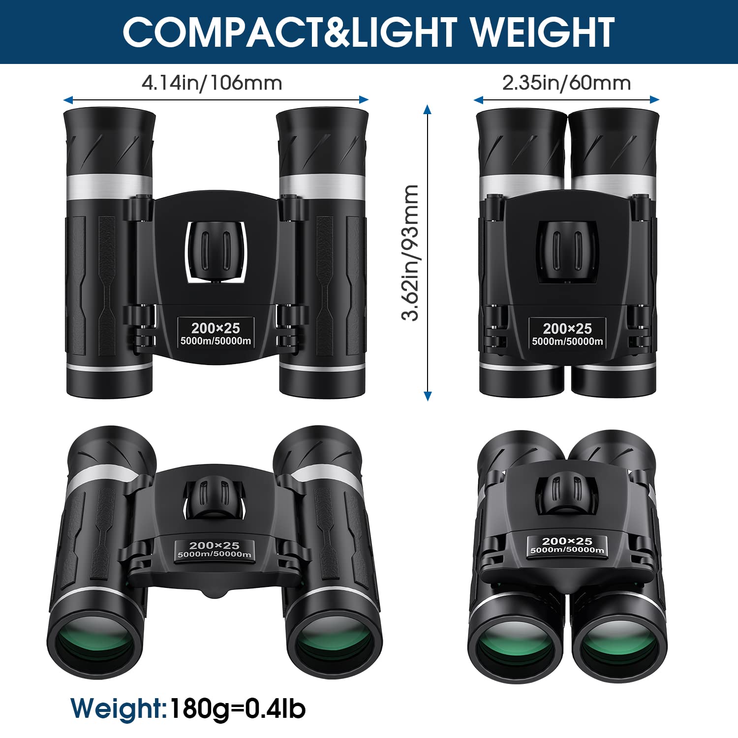 Flyant 200x25 compact binoculars for adults and kids, small portable binoculars ideal for travel, bird watching, camping, and outdoor activities.